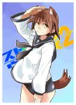  1girl animal_ears brown_hair dog_ears dog_tail looking_at_viewer miyafuji_yoshika salute short_hair smile solo strike_witches swimsuit swimsuit_under_clothes tail uno_ichi yellow_eyes 