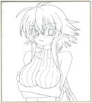  1girl breast_hold breasts bust crossed_arms fuurin_rei highres lineart long_hair looking_at_viewer monochrome original smile solo tomoyan_(nyakkoya) 