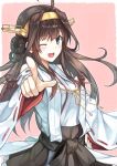  1girl ahoge blue_eyes blush brown_hair detached_sleeves hairband hiten_goane_ryu kantai_collection kongou_(kantai_collection) long_hair nontraditional_miko personification pink_background pointing solo very_long_hair wide_sleeves wink 