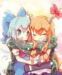  2girls ayakashi_(monkeypanch) belt blonde_hair blue_dress blue_eyes blue_hair bow cirno closed_eyes dress grin hair_bow highres holding_hands horn_ribbon horns ibuki_suika ice ice_wings interlocked_fingers long_hair low-tied_long_hair multiple_girls open_mouth ribbon scarf shackles shared_scarf smile touhou wings 