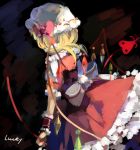  1girl blonde_hair check_commentary commentary commentary_request flandre_scarlet from_behind hat highres lucky_small_pride solo wings 