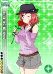  1girl ascii_media_works blush bushiroad character_name dress flower hat love_live!_school_idol_project nishikino_maki purple_eyes redhead short_hair solo sunrise_(studio) tagme wink 