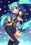  1girl boots detached_sleeves electric_guitar green_eyes green_hair guitar hatsune_miku headset instrument long_hair nail_polish necktie open_mouth plectrum racer_(magnet) skirt solo thigh-highs thigh_boots twintails very_long_hair vocaloid 