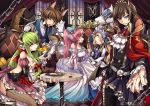  animal_ears breasts c.c. cape chain cleavage code_geass couch crest cup curtains euphemia_li_britannia flower food garter_straps kururugi_suzaku lelouch_lamperouge necktie nunnally_lamperouge pantyhose pizza plate ribbon s_hida sword table tail tea teacup teapot weapon 