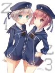  2girls aqua_eyes arms_behind_back blonde_hair brown_eyes brown_hair hand_on_hip hat kantai_collection multiple_girls nunucco personification sailor_collar sailor_hat short_hair z1_leberecht_maass_(kantai_collection) z3_max_schultz_(kantai_collection) 