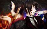  2boys black_eyes black_hair crossover formal gloves highres hoozuki_(hoozuki_no_reitetsu) hoozuki_no_reitetsu horn japanese_clothes kuroshitsuji male multiple_boys necktie oni pipe pointy_ears red_eyes sebastian_michaelis short_hair trait_connection 