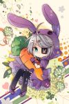  1girl animal_ears aqua_eyes carrot chibi eyepatch flower gloves gothic_lolita hair_ornament hairclip hoodie iri_flina lolita_fashion pantyhose rabbit_ears rednian ribbon shoes silver_hair skirt solo striped sword_girls 