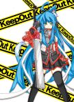  1girl animal_ears black_legwear caution_tape chainsaw coup_(shun_soku) green_eyes highres keep_out long_hair looking_at_viewer original shun_soku simple_background solo thigh-highs very_long_hair white_background 