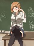  1girl bespectacled blue_eyes chalkboard crossed_legs garter_straps glasses gundula_rall looking_at_viewer orange_hair short_hair sitting smile solo strike_witches thigh-highs uno_ichi 