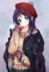  1girl blue_eyes blue_hair hanabisdrop hat hiradaira_chisaki long_hair mittens nagi_no_asukara snow sweater 