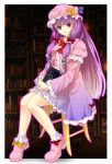  1girl blue_eyes book bookshelf bow chair crescent hair_bow hat highres long_hair looking_at_viewer patchouli_knowledge purple_hair sitting solo touhou x&amp;x&amp;x 