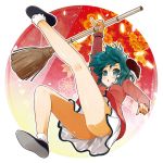  1girl :o animal_ears ass bamboo_broom bare_legs blush broom danmaku flower green_eyes green_hair kasodani_kyouko kneepits leg_up legs no_tail pinky_out porurin_(do-desho) shadow short_hair solo touhou 