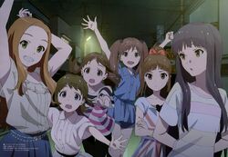  6+girls absurdres arms_up blue_eyes bow brown_hair casual green_eyes hair_bow hayashida_airi highres hisami_nanami katayama_minami kikuma_kaya long_hair multiple_girls nanase_yoshino night official_art okamoto_miyu open_mouth pout short_hair sky striped twintails wake_up_girls! yellow_eyes 