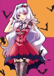  1girl bat dress fang fingerless_gloves foreshortening garter_straps gloves hairband halloween heart idolmaster jewelry long_hair nail_polish nanappe necklace outstretched_arm red_eyes red_nails shijou_takane silver_hair solo thigh-highs 