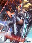  1girl arm_cannon armor blonde_hair blue_eyes boots breasts chaos_drive ear_protection elbow_gloves gloves hairband kilart leotard lips official_art railgun ria_(chaos_drive) science_fiction thigh-highs thigh_boots weapon 