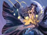  1girl anklet barefoot bishoujo_senshi_sailor_moon black_dress black_hair blue_eyes crescent dress eclosion hair_bun highres jewelry long_hair luna_(sailor_moon) luna_(sailor_moon)_(human) necklace skirt solo yellow_skirt 