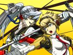  2girls aegis android blonde_hair grin headgear kamui_sathi labrys multiple_girls open_mouth persona persona_4 persona_4:_the_ultimate_in_mayonaka_arena ponytail school_uniform serafuku silver_hair smile yellow_eyes 