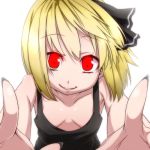  1girl anime_coloring bare_shoulders blonde_hair bust down_blouse grin looking_at_viewer reaching_out red_eyes rumia short_hair side_ponytail small_breasts smile solo tori_(minamopa) touhou 