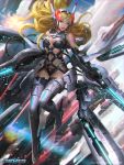  1girl arm_cannon blonde_hair blue_eyes boots breasts chaos_drive dual_wielding ear_protection fin_funnels kilart long_hair mechanical_wings official_art railgun ria_(chaos_drive) science_fiction thigh-highs thigh_boots weapon wings 