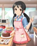  1girl ;q apron black_hair book brown_eyes cake chocolate chocolate_cake chocolate_making cookbook cooking dish food idolmaster idolmaster_cinderella_girls index_finger_raised indoors jpeg_artifacts kitchen light_smile long_hair looking_at_viewer low_twintails mixing_bowl nakano_yuka official_art open_book oven refrigerator shirt sleeves_rolled_up solo tongue twintails valentine whisk window wink 