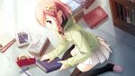  black_legwear blush book flower game_cg hair_flower hair_ornament holding holding_book kantoku looking_at_viewer pink_eyes pink_hair short_hair skirt solo thigh-highs your_diary yua_(your_diary) 