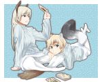  2girls blonde_hair blue_eyes crossed_legs dog_tail eila_ilmatar_juutilainen grey_eyes looking_at_viewer lying military military_uniform multiple_girls nikka_edvardine_katajainen pantyhose sitting strike_witches tail tarot uniform uno_ichi weasel_ears weasel_tail 