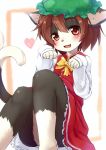  1girl animal_ears barefoot blush brown_hair cat_ears cat_tail chen dress earrings fang furry hat heart jewelry kagerofu multiple_tails paw_pose red_eyes short_hair sitting solo tail touhou 