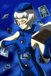  1girl bespectacled blue_gloves bob_cut book card elizabeth_(persona) glasses gloves hat highres holding holding_card kamui_sathi open_book pale_skin persona persona_3 persona_4:_the_ultimate_in_mayonaka_arena red-framed_glasses short_hair silver_hair solo tarot yellow_eyes 