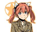  1girl animal_ears blue_eyes blush_stickers francie_gerard hair_ribbon looking_at_viewer military military_uniform orange_hair ribbon smile solo star strike_witches twintails uniform uno_ichi 