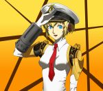  1girl aegis android blonde_hair blue_eyes hat kamui_sathi necktie peaked_cap persona persona_3 salute short_hair smile solo 