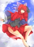  1girl bare_legs blue_sky blush bow cape clouds cloudy_sky hair_bow hand_on_head highres long_sleeves open_mouth red_eyes redhead sekibanki short_hair skirt sky solo tokoya touhou 