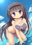  1girl akemi_homura all_fours alternate_breast_size beach bikini black_hair breasts hairband highres large_breasts long_hair looking_at_viewer mahou_shoujo_madoka_magica solo string_bikini swimsuit tatuyayosi violet_eyes 