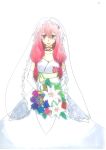  1girl absurdres bare_shoulders blush bouquet bridal_veil bride dress elbow_gloves flower gloves guilty_crown hair_ornament hairclip highres long_hair open_mouth pink_hair red_eyes smile solo traditional_media twintails veil wedding_dress yuzuriha_inori 