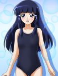  1girl :d aoki_reika blue_eyes blue_hair blush bubble collarbone competition_swimsuit hair_ornament hairclip long_hair looking_at_viewer one-piece_swimsuit open_mouth precure road_(artist) shadow smile smile_precure! solo swimsuit 