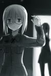  arms_up commentary_request glasses lowres military military_uniform monochrome shimada_fumikane short_hair silhouette strike_witches uniform ursula_hartmann 