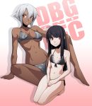  2girls bangs barefoot bikini black_hair breasts camouflage_bikini dark_skin flat_chest highres long_hair multiple_girls navel original red_eyes seiza short_hair silver_hair sitting spikewible swimsuit under_boob 