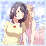  2girls 7001 artist_name back-to-back blonde_hair blue_hair braid brown_eyes casual closed_eyes collarbone dress furutani_himawari hairband multiple_girls oomuro_sakurako parted_lips twin_braids yuru_yuri 