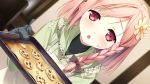  1girl apron blush flower food food_on_clothes food_on_face hair_flower hair_ornament kantoku open_mouth pink_eyes pink_hair short_hair solo your_diary yua_(your_diary) 