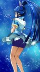  1girl bike_shorts blue_background blue_eyes blue_hair bow cure_aqua haruyama_kazunori legs long_hair magical_girl minazuki_karen ponytail precure skirt smile solo yes!_precure_5 yes!_precure_5_gogo! 