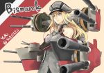 1girl absurdres bismarck_(kantai_collection) blonde_hair cannon character_name crossed_arms green_eyes highres kantai_collection long_hair military military_hat military_uniform personification solo uniform weapon 