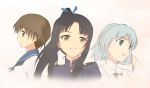  3girls aqua_eyes black_hair brown_eyes brown_hair hair_ribbon hattori_shizuka military military_uniform miyafuji_yoshika multiple_girls open_mouth ponytail ribbon sanya_v_litvyak sayu_(mio-mosa) silver_hair smile strike_witches uniform 