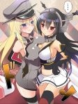  2girls bare_shoulders bismarck_(kantai_collection) black_hair blonde_hair blue_eyes blush breast_press breasts cleavage hair_ornament hat ikura_nagisa kantai_collection large_breasts long_hair military_hat multiple_girls nagato_(kantai_collection) personification red_eyes skirt sweatdrop symmetrical_docking very_long_hair 