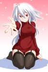  1girl black_legwear borrowed_character breasts fuurin_rei glasses ikune_juugo long_hair looking_at_viewer original outstretched_hand red_eyes seiza sitting smile solo thigh-highs white_hair 