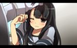  1girl admiral_(kantai_collection) anime_coloring black_eyes black_hair hatsuyuki_(kantai_collection) kantai_collection letterboxed long_hair patting_head sakura_(lilak_a) solo_focus wavy_mouth wink 