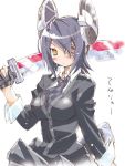  1girl black_hair blush cardigan eyepatch fingerless_gloves gloves highres iwasaki_masakazu kantai_collection long_sleeves necktie personification scabbard sheath short_hair sketch solo sword tenryuu_(kantai_collection) weapon white_background yellow_eyes 