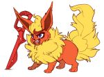  azzly blue_eyes flareon fusion highlights kill_la_kill matoi_ryuuko multicolored_hair no_humans pokemon pokemon_(creature) scissor_blade solo weapon 