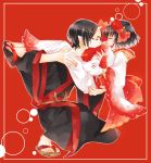  1boy 1girl black_eyes black_hair carrying eyeshadow fish highres hoozuki_(hoozuki_no_reitetsu) hoozuki_no_reitetsu horn japanese_clothes kimono long_sleeves makeup oekaki-daisuki-dessu oni peach_maki pointy_ears tears 