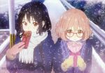  2girls absurdres black_hair brown_eyes brown_hair chocolate detexted glasses gloves highres kuriyama_mirai kyoukai_no_kanata long_hair multiple_girls nase_mitsuki official_art outdoors red_eyes scarf short_hair snow winter 