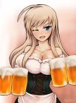  1girl ahoge alcohol beer blonde_hair blue_eyes breasts cleavage dirndl eshi_(solokov) hanna-justina_marseille highres long_hair looking_at_viewer open_mouth solo strike_witches traditional_clothes wink 