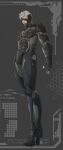  1boy absurdres armor binary blue_eyes character_name copyright_name cyborg eyepatch grey_background highres male metal_gear_(series) metal_gear_rising:_revengeance raiden science_fiction solo standing vetania white_hair 